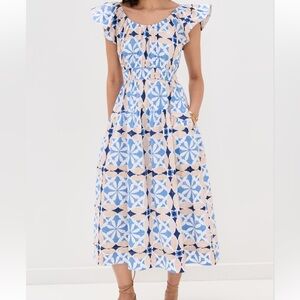 Marea Blue and White Geometric Midi Dress XS